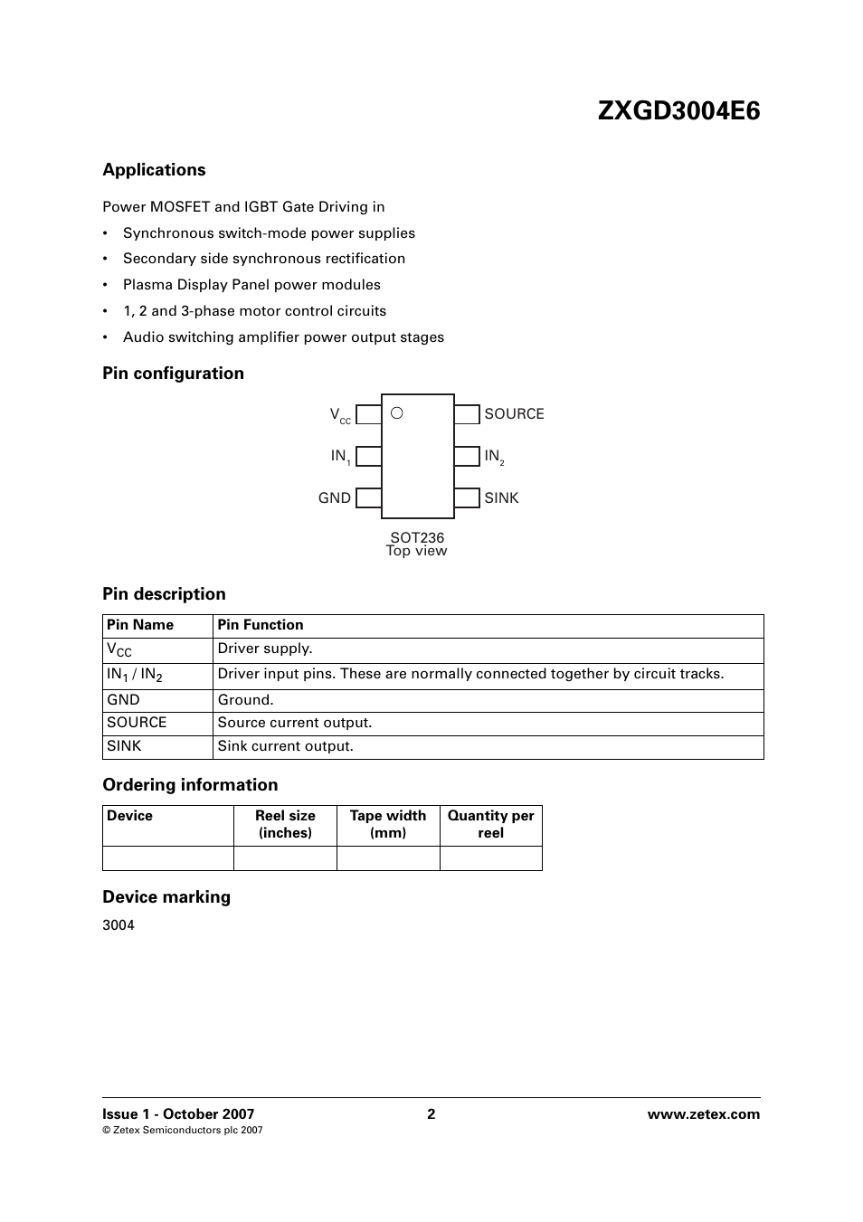 Applications, Pin configuration, Pin description | Ordering information, Device marking | Diodes ZXGD3004E6 User Manual | Page 2 / 8