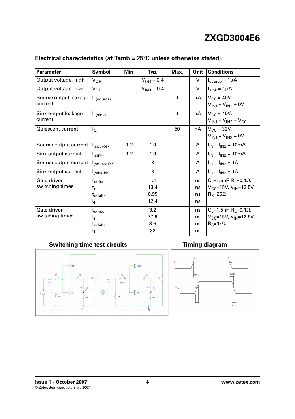 Switching time test circuits timing diagram | Diodes ZXGD3004E6 User Manual | Page 4 / 8