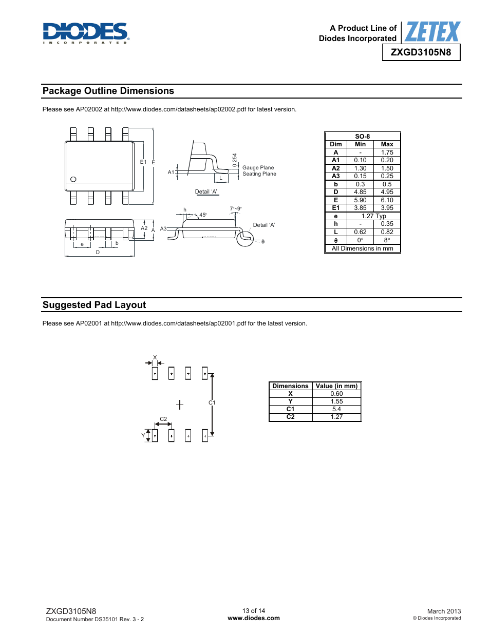 Package outline dimensions, Suggested pad layout | Diodes ZXGD3105N8 User Manual | Page 13 / 14