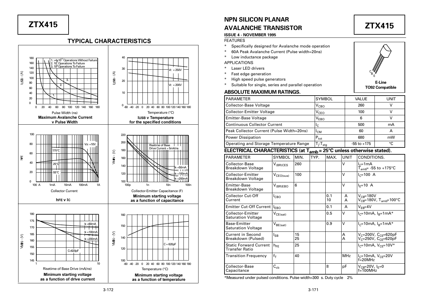 Ztx415, Npn silicon planar avalanche transistor, Typical characteristics | Absolute maximum ratings, Electrical characteristics (at t, 25°c unless otherwise stated) | Diodes ZTX415 User Manual | Page 2 / 2