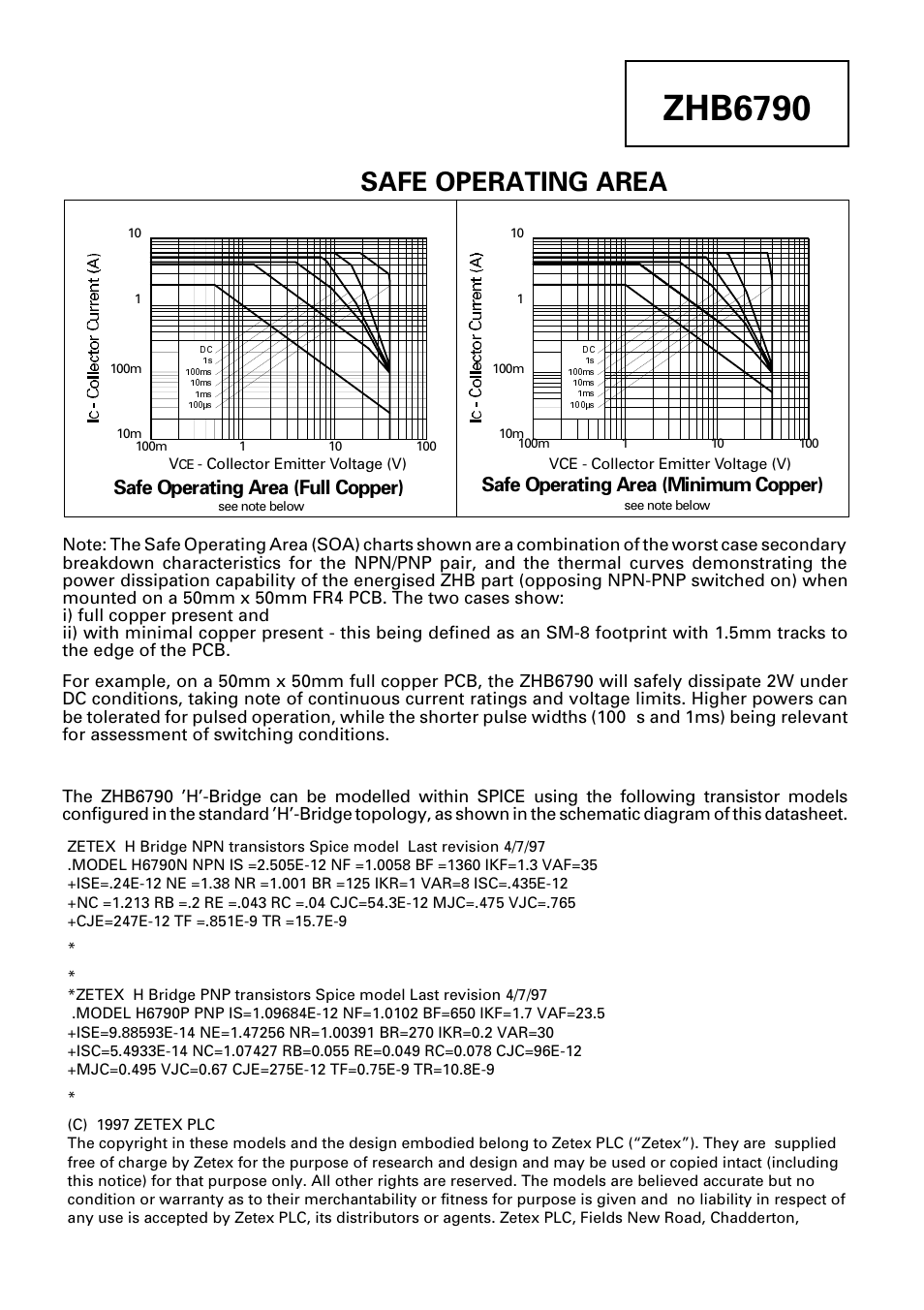 Zhb6790, Safe operating area, Safe operating area (full copper) | Safe operating area (minimum copper) | Diodes ZHB6790 User Manual | Page 7 / 8