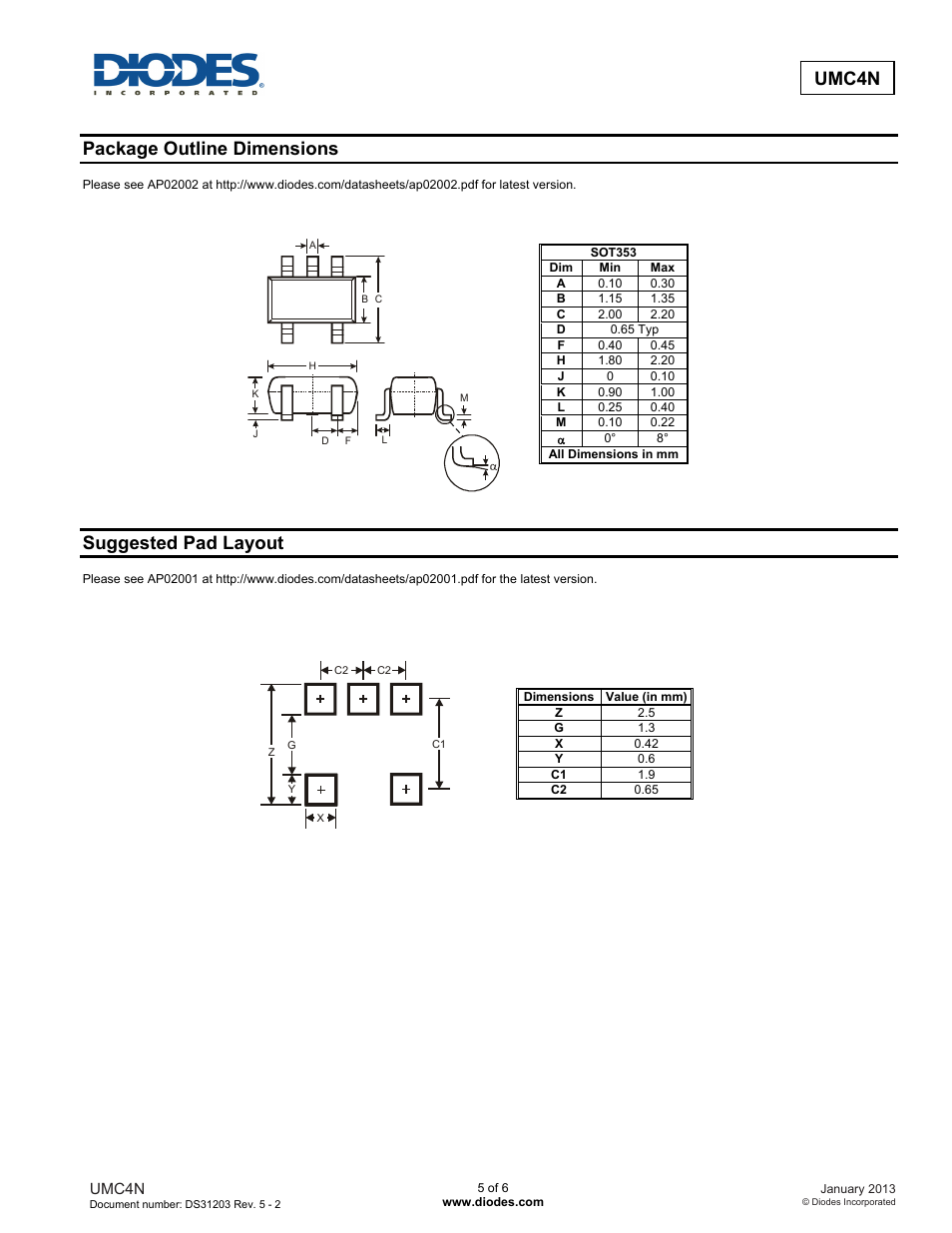 Umc4n, Package outline dimensions, Suggested pad layout | Diodes UMC4N User Manual | Page 5 / 6