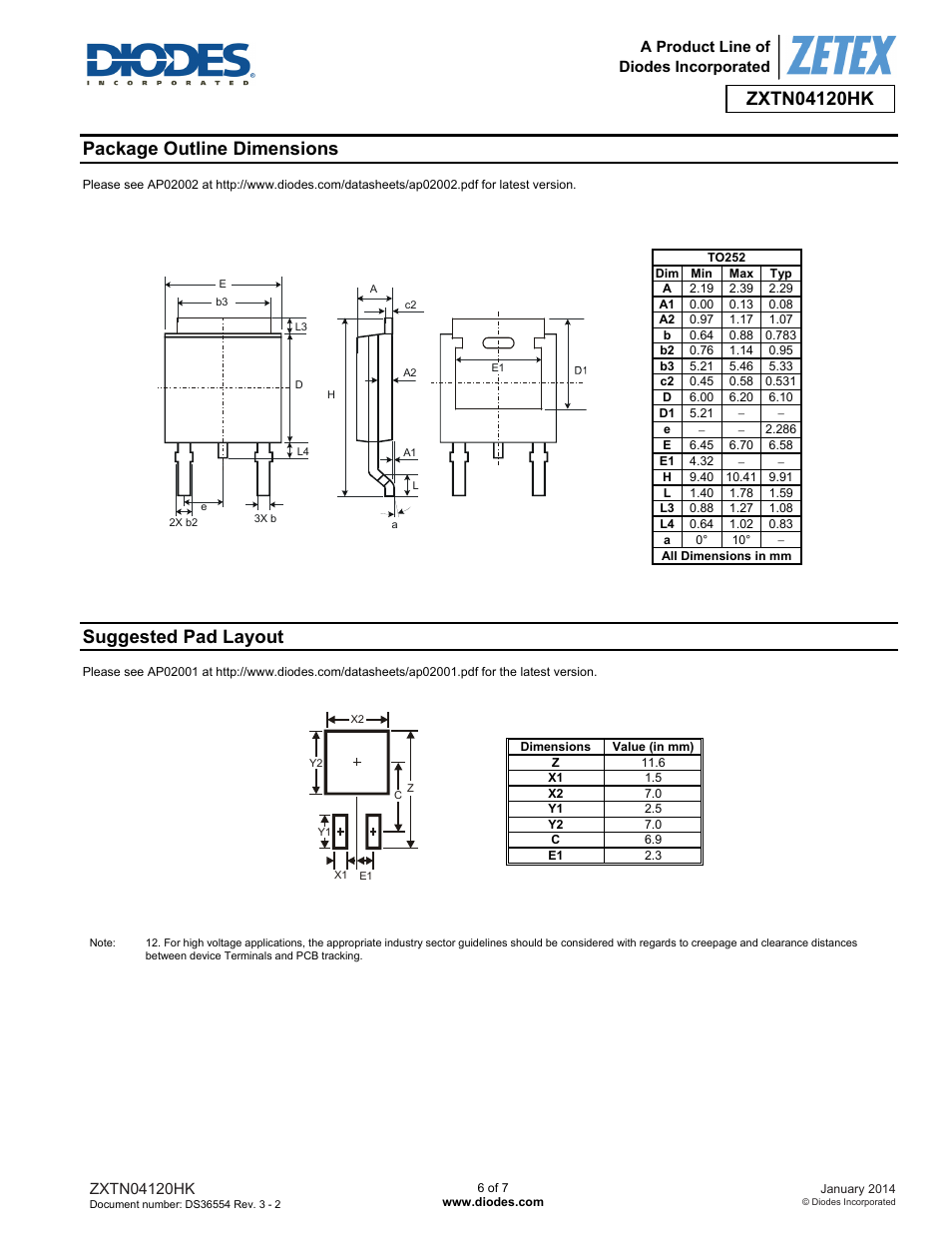 Package outline dimensions, Suggested pad layout | Diodes ZXTN04120HK User Manual | Page 6 / 7