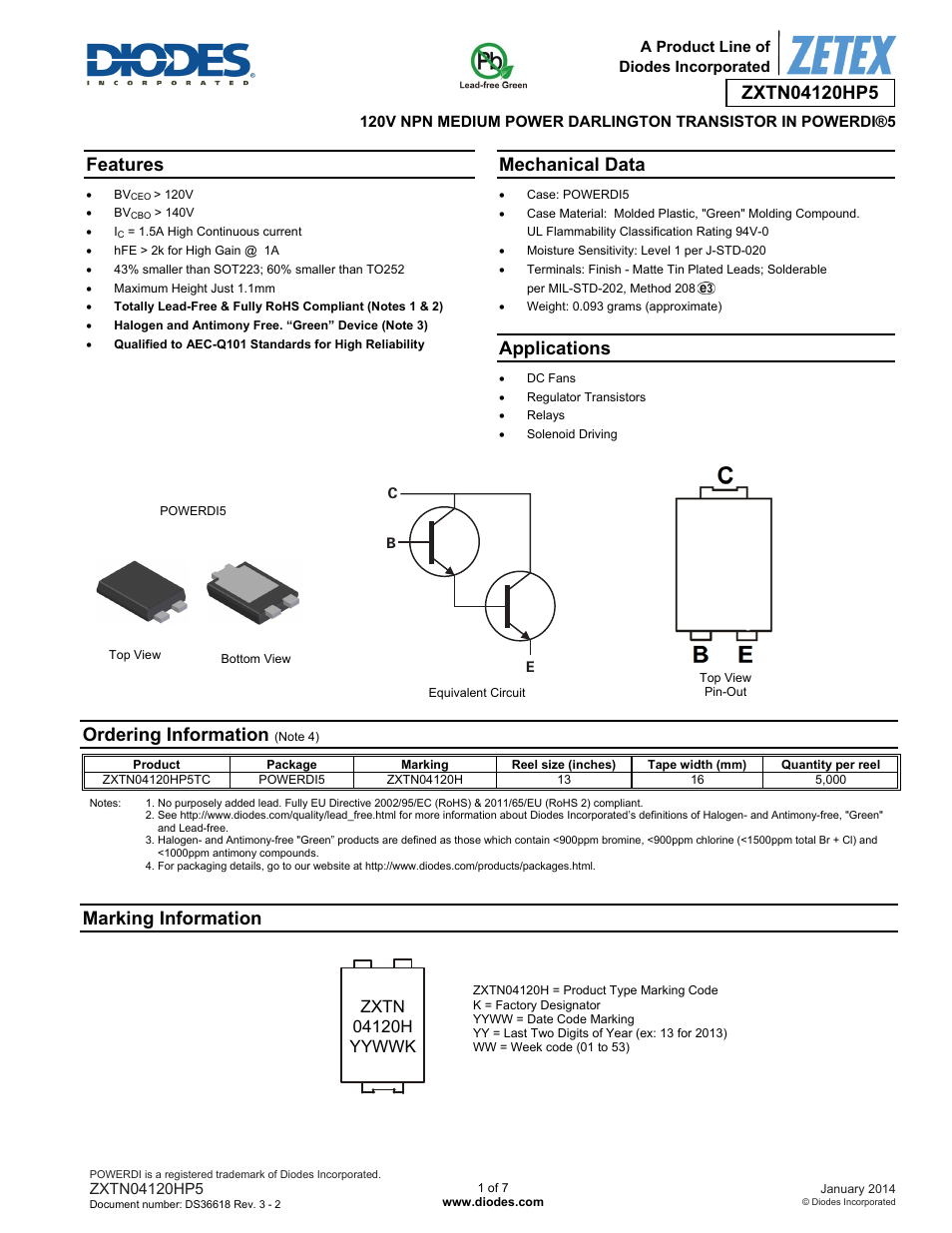 Diodes ZXTN04120HP5 User Manual | 7 pages