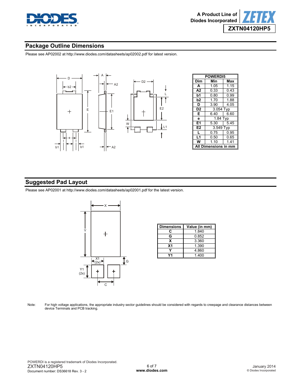 Package outline dimensions, Suggested pad layout | Diodes ZXTN04120HP5 User Manual | Page 6 / 7