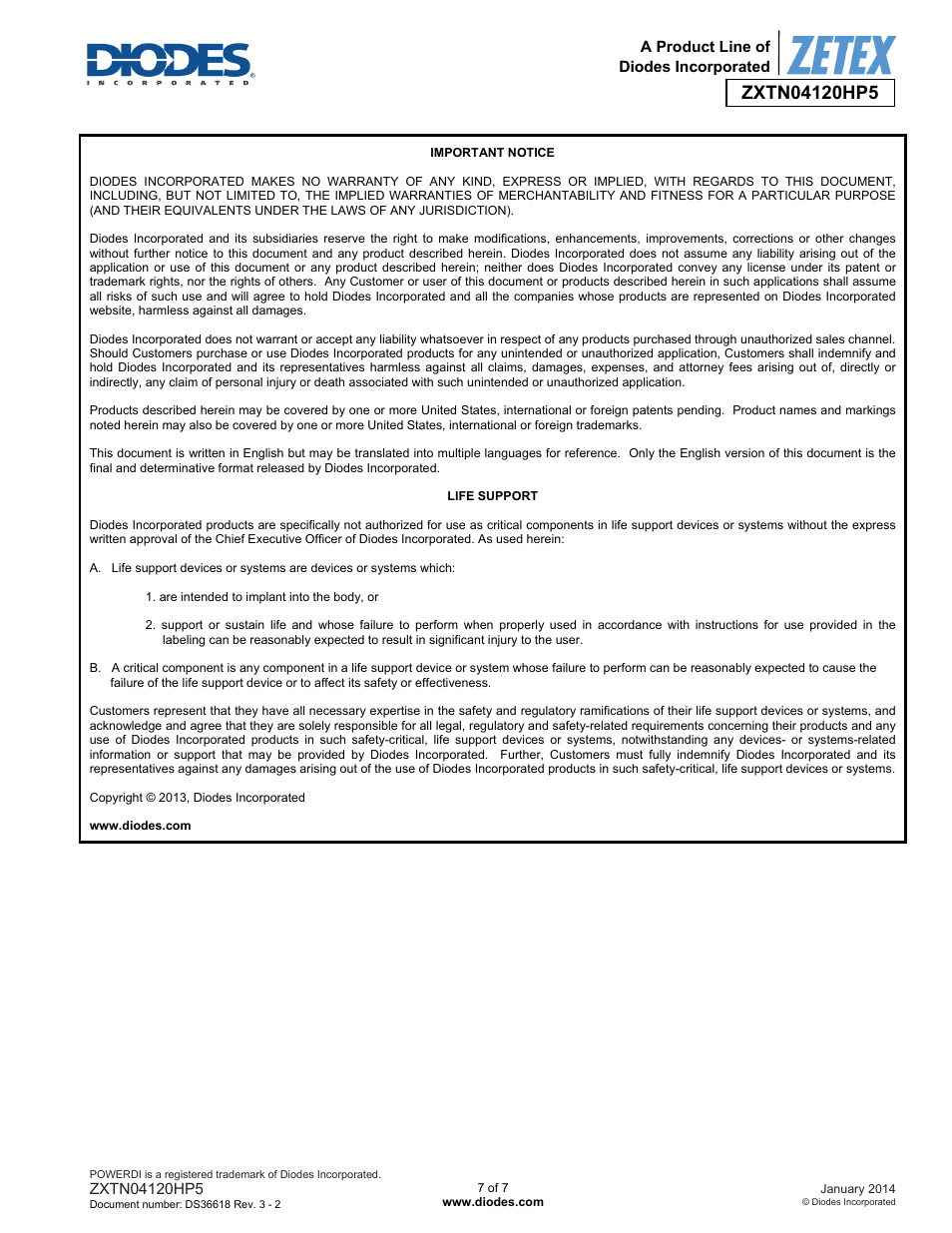 Diodes ZXTN04120HP5 User Manual | Page 7 / 7