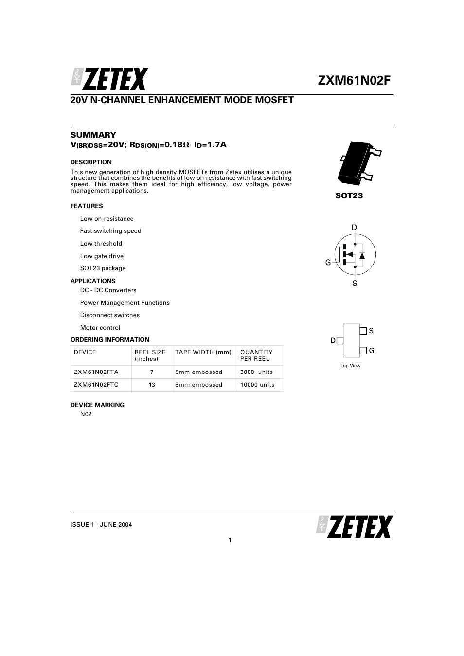 Diodes ZXM61N02F User Manual | 7 pages