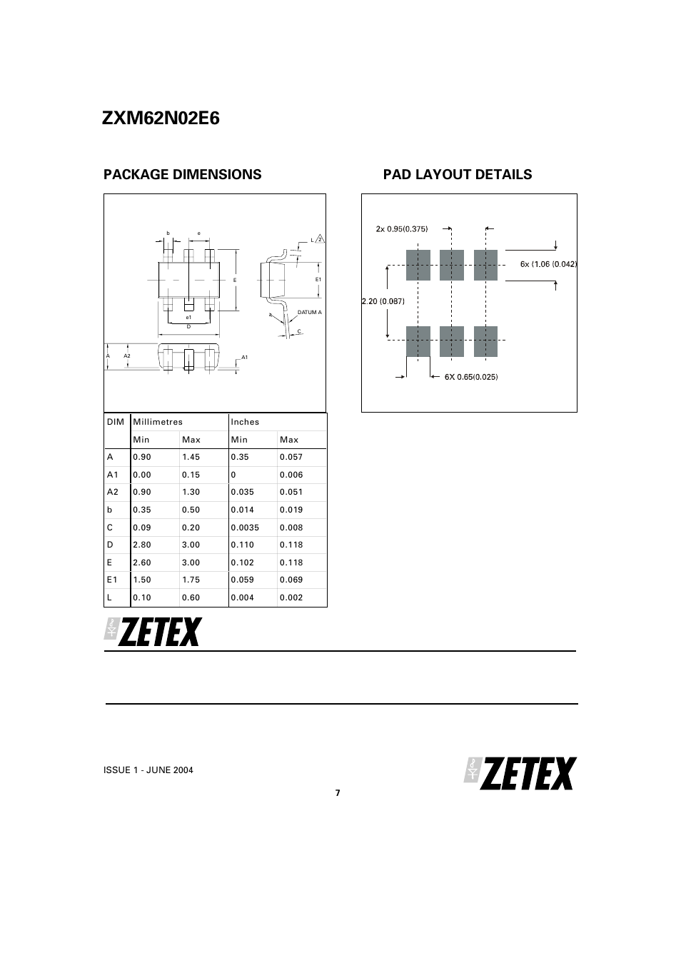 Package dimensions, Pad layout details | Diodes ZXM62N02E6 User Manual | Page 7 / 7