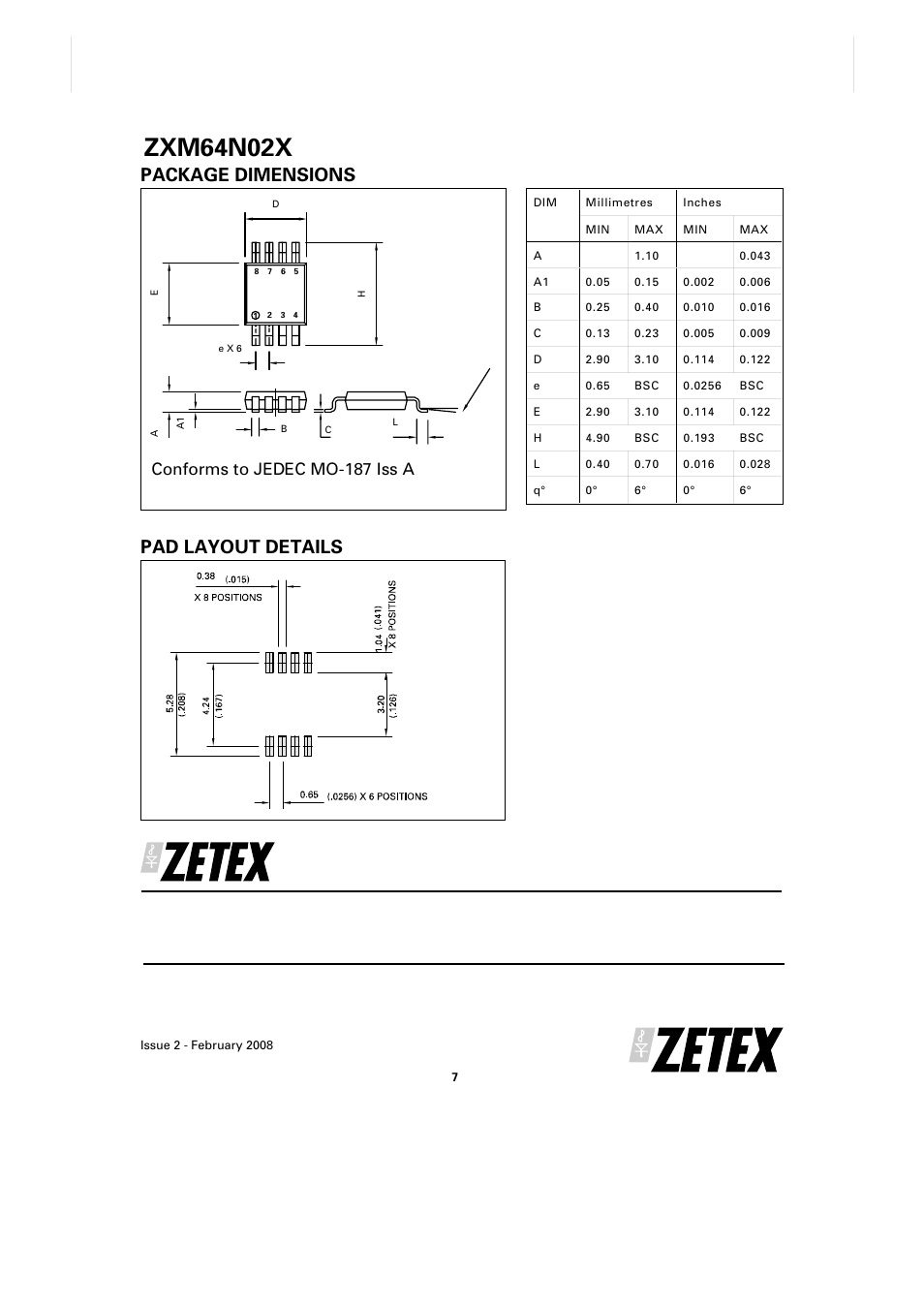 Zxm64n02x, Package dimensions pad layout details, Conforms to jedec mo-187 iss a | Diodes ZXM64N02X User Manual | Page 7 / 7