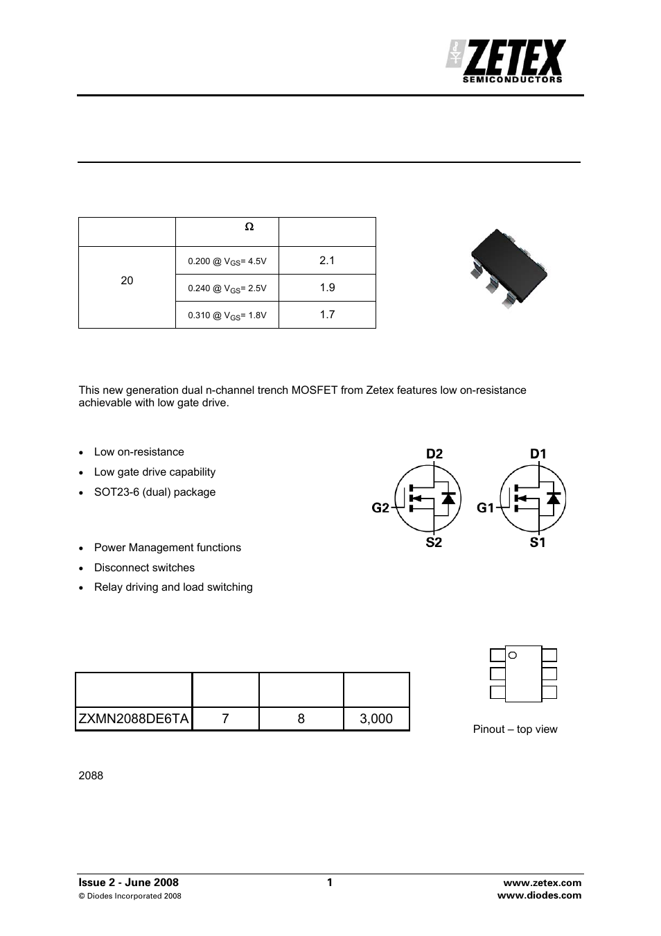 Diodes ZXMN2088DE6 User Manual | 8 pages