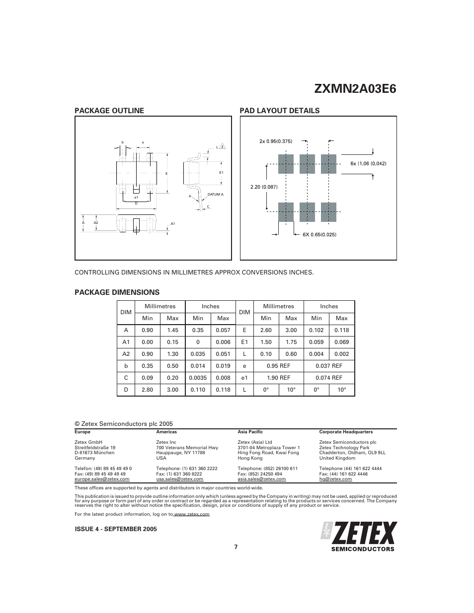 Zxmn2a03e6, Package dimensions, Package outline pad layout details | Diodes ZXMN2A03E6 User Manual | Page 7 / 7