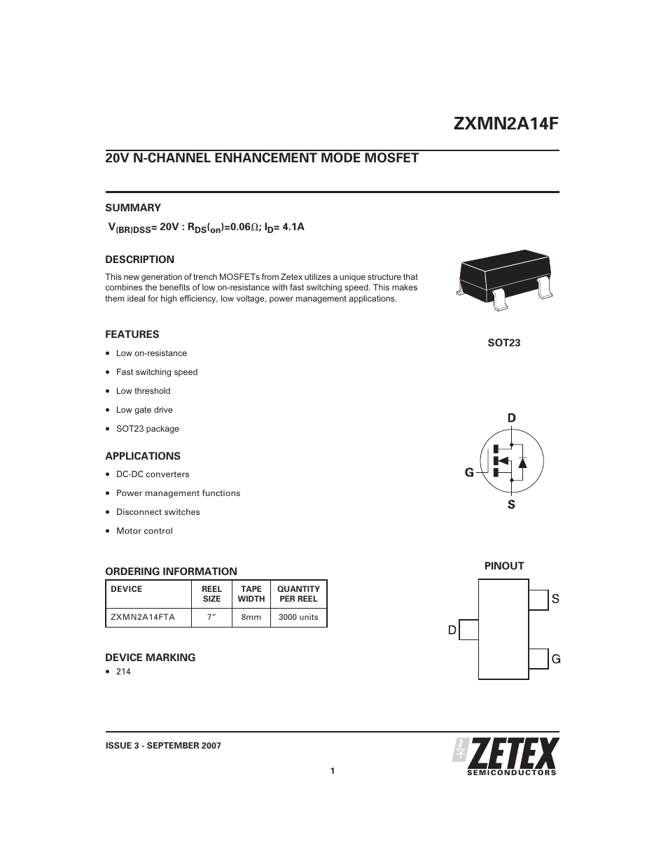 Diodes ZXMN2A14F User Manual | 8 pages