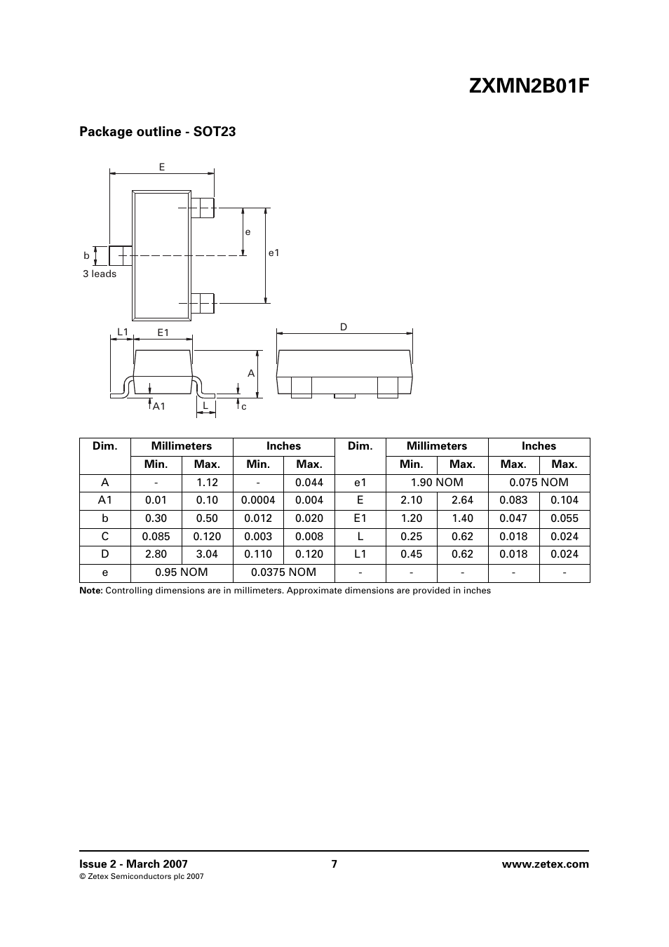 Package outline - sot23, Zxmn2b01f | Diodes ZXMN2B01F User Manual | Page 7 / 8