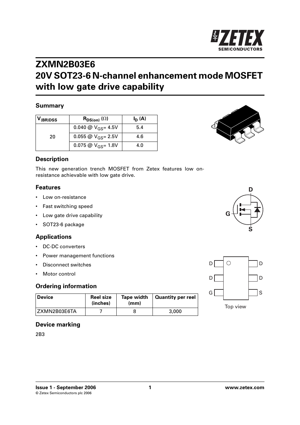 Diodes ZXMN2B03E6 User Manual | 8 pages