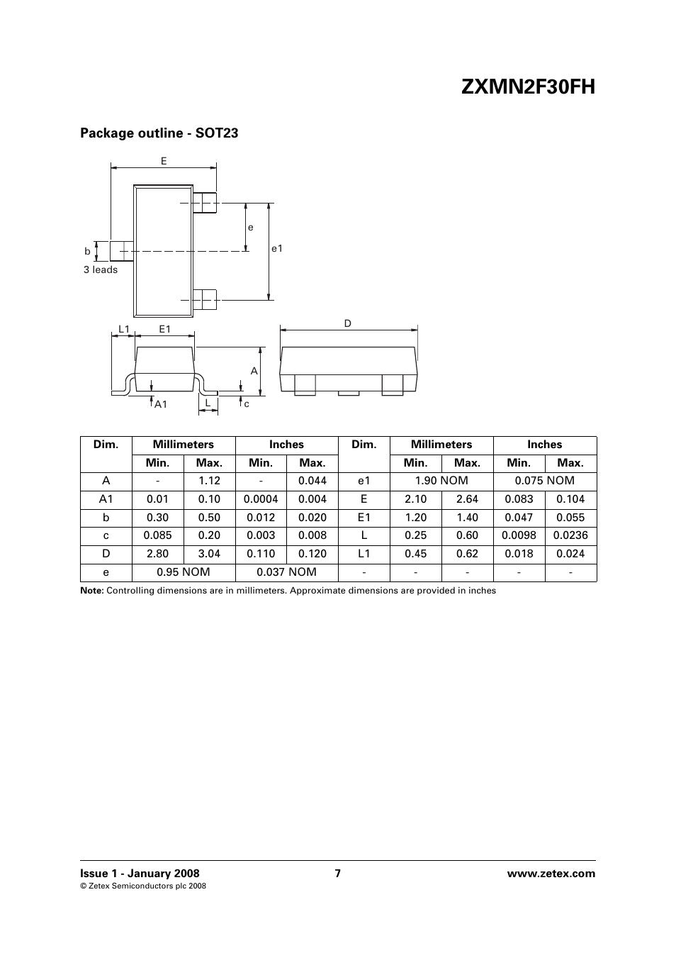 Package outline - sot23, Zxmn2f30fh | Diodes ZXMN2F30FH User Manual | Page 7 / 8