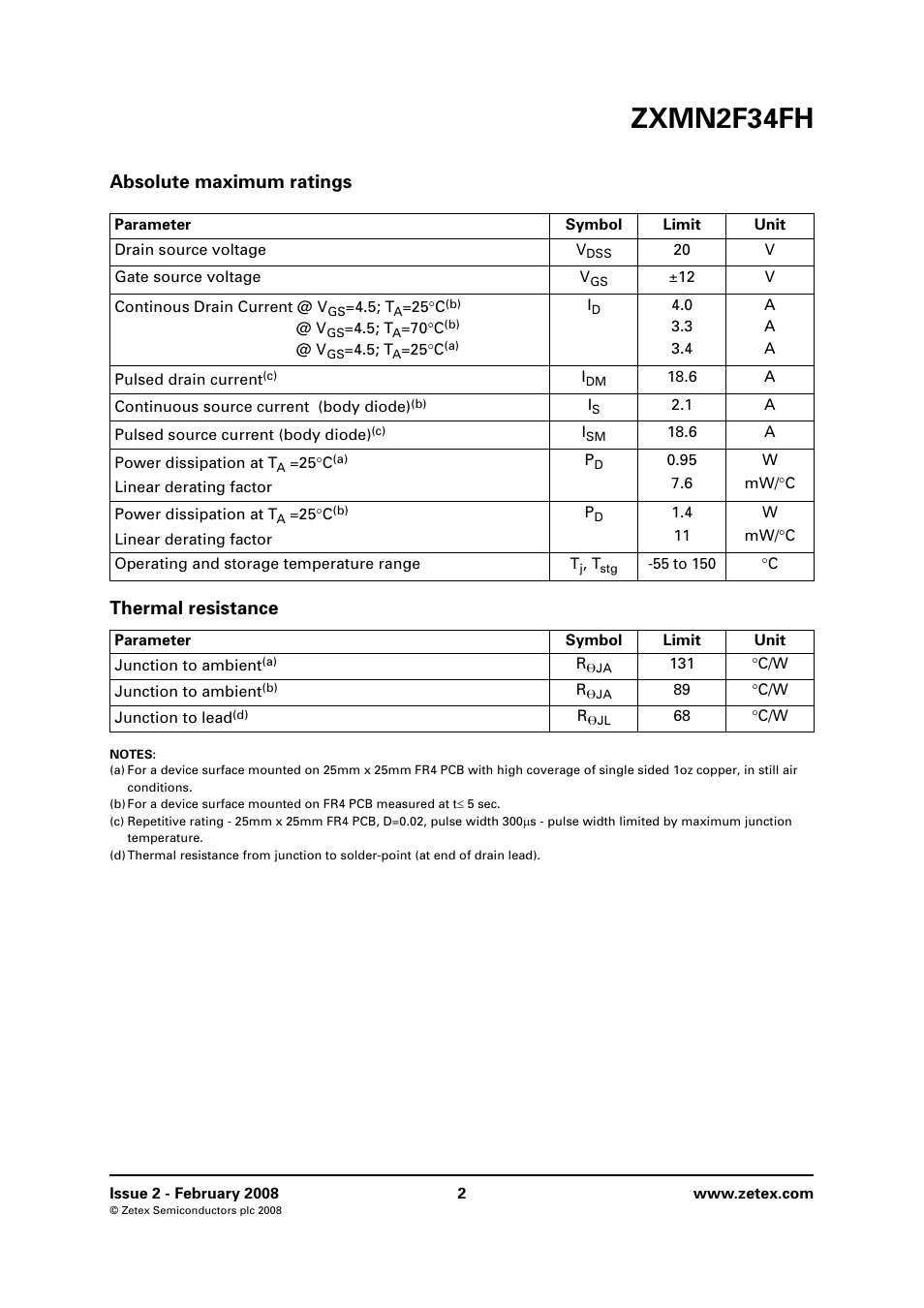 Absolute maximum ratings, Thermal resistance, Zxmn2f34fh | Absolute maximum ratings thermal resistance | Diodes ZXMN2F34FH User Manual | Page 2 / 8