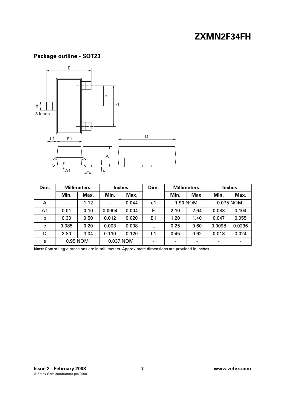 Package outline - sot23, Zxmn2f34fh | Diodes ZXMN2F34FH User Manual | Page 7 / 8