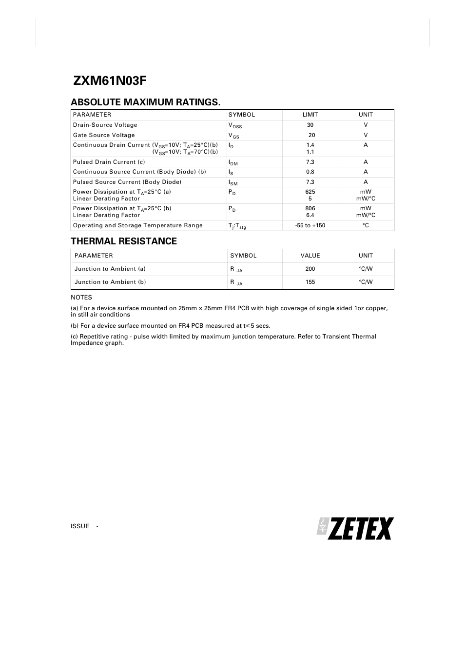 Zxm61n03f, Absolute maximum ratings, Thermal resistance | Diodes ZXM61N03F User Manual | Page 2 / 7