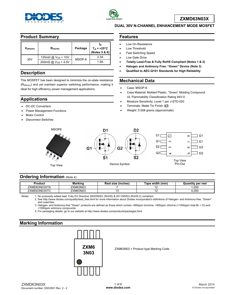 Diodes ZXMD63N03X User Manual | 8 pages