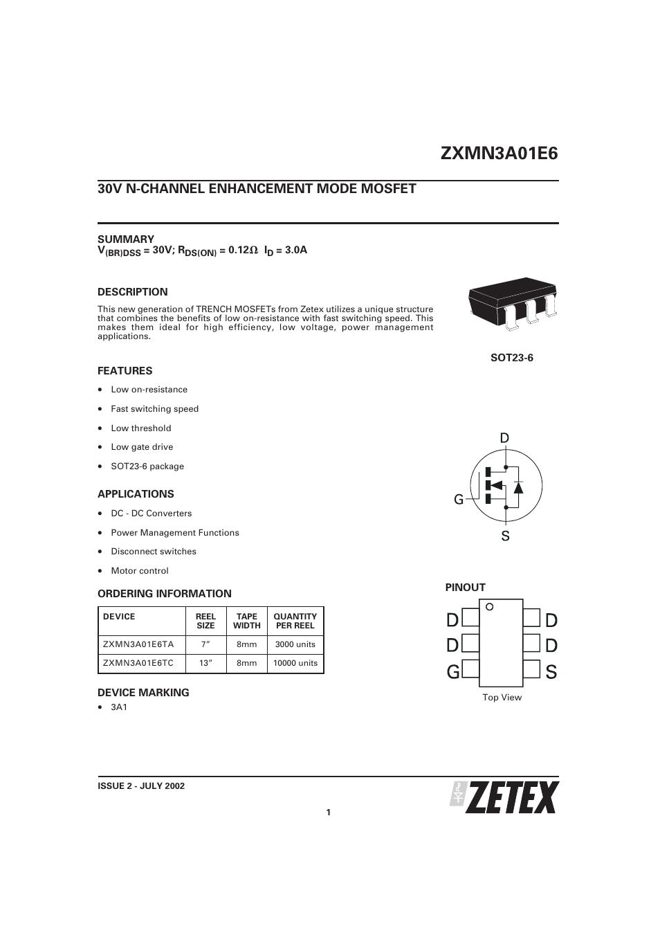 Diodes ZXMN3A01E6 User Manual | 7 pages