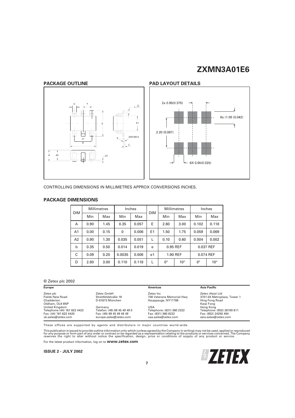 Zxmn3a01e6, Package dimensions, Package outline pad layout details | Diodes ZXMN3A01E6 User Manual | Page 7 / 7