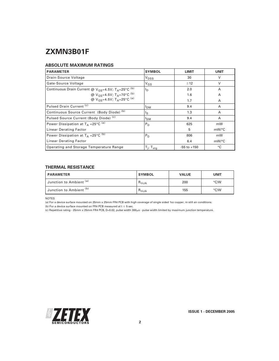 Zxmn3b01f, Thermal resistance, Absolute maximum ratings | Diodes ZXMN3B01F User Manual | Page 2 / 7