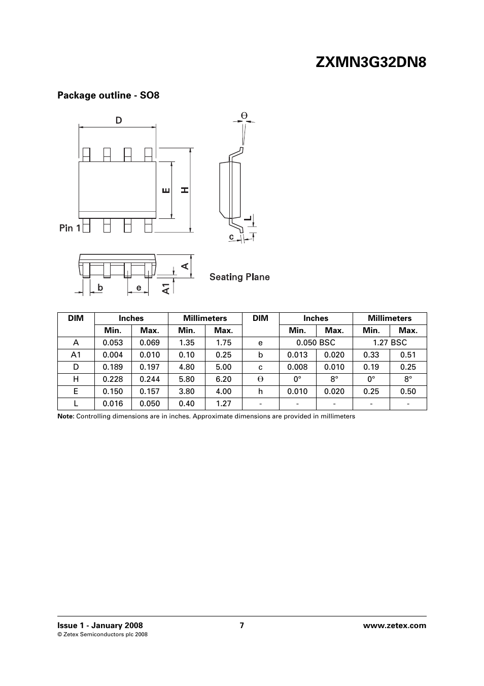 Zxmn3g32dn8, Package outline - so8 | Diodes ZXMN3G32DN8 User Manual | Page 7 / 8