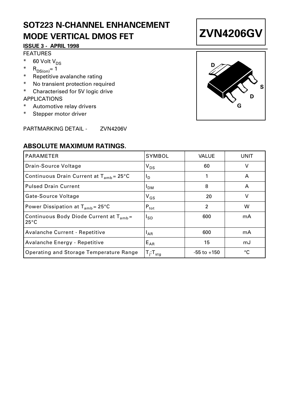 Diodes ZVN4206GV User Manual | 4 pages