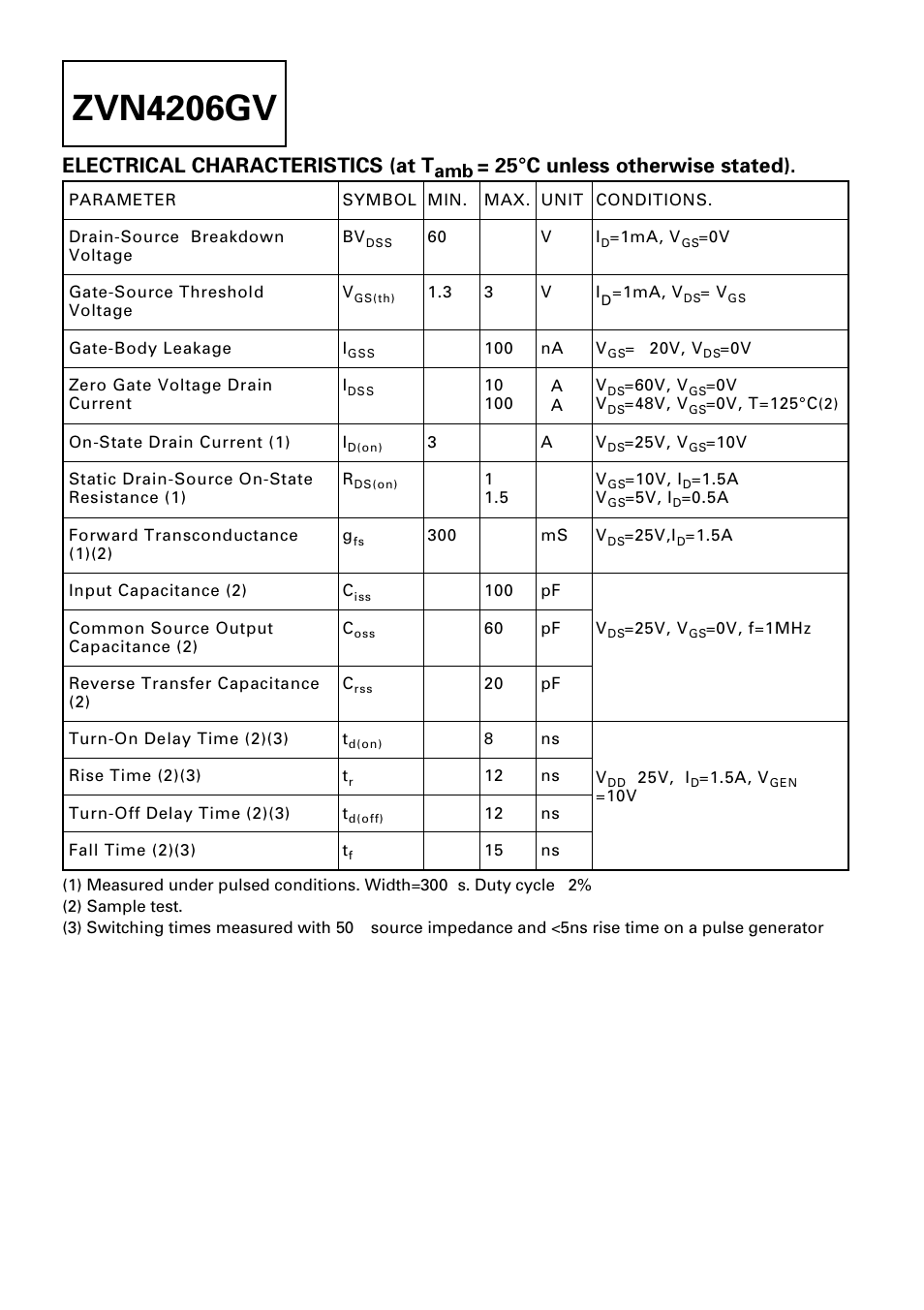 Zvn4206gv, Electrical characteristics (at t, 25°c unless otherwise stated) | Diodes ZVN4206GV User Manual | Page 2 / 4