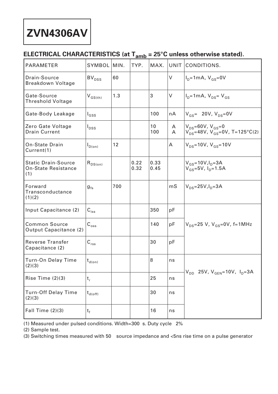 Zvn4306av, Electrical characteristics (at t, 25°c unless otherwise stated) | Diodes ZVN4306AV User Manual | Page 2 / 4