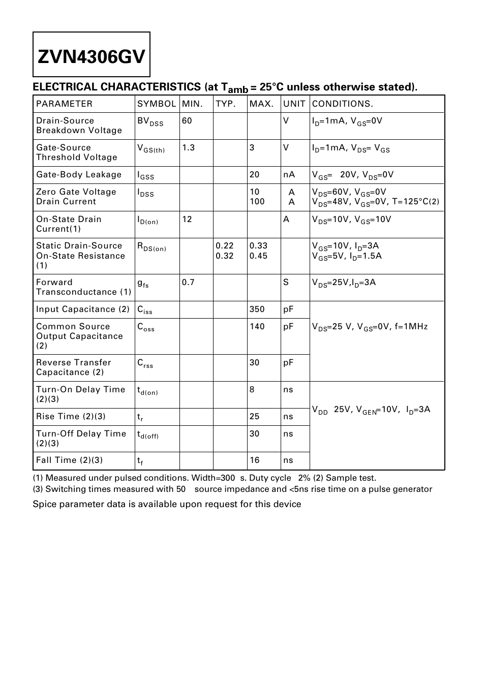 Zvn4306gv, Electrical characteristics (at t, 25°c unless otherwise stated) | Diodes ZVN4306GV User Manual | Page 2 / 4
