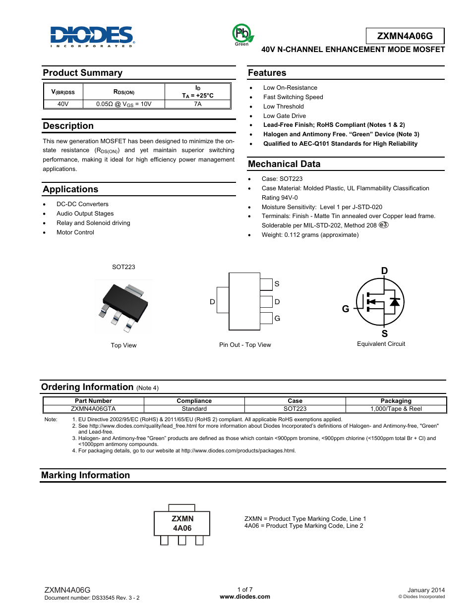 Diodes ZXMN4A06G User Manual | 7 pages