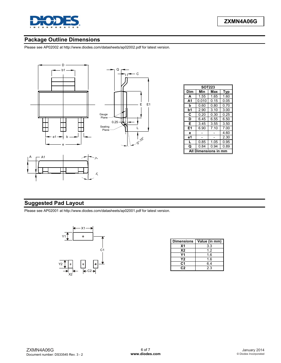 Zxmn4a06g advanced information, Package outline dimensions, Suggested pad layout | Diodes ZXMN4A06G User Manual | Page 6 / 7