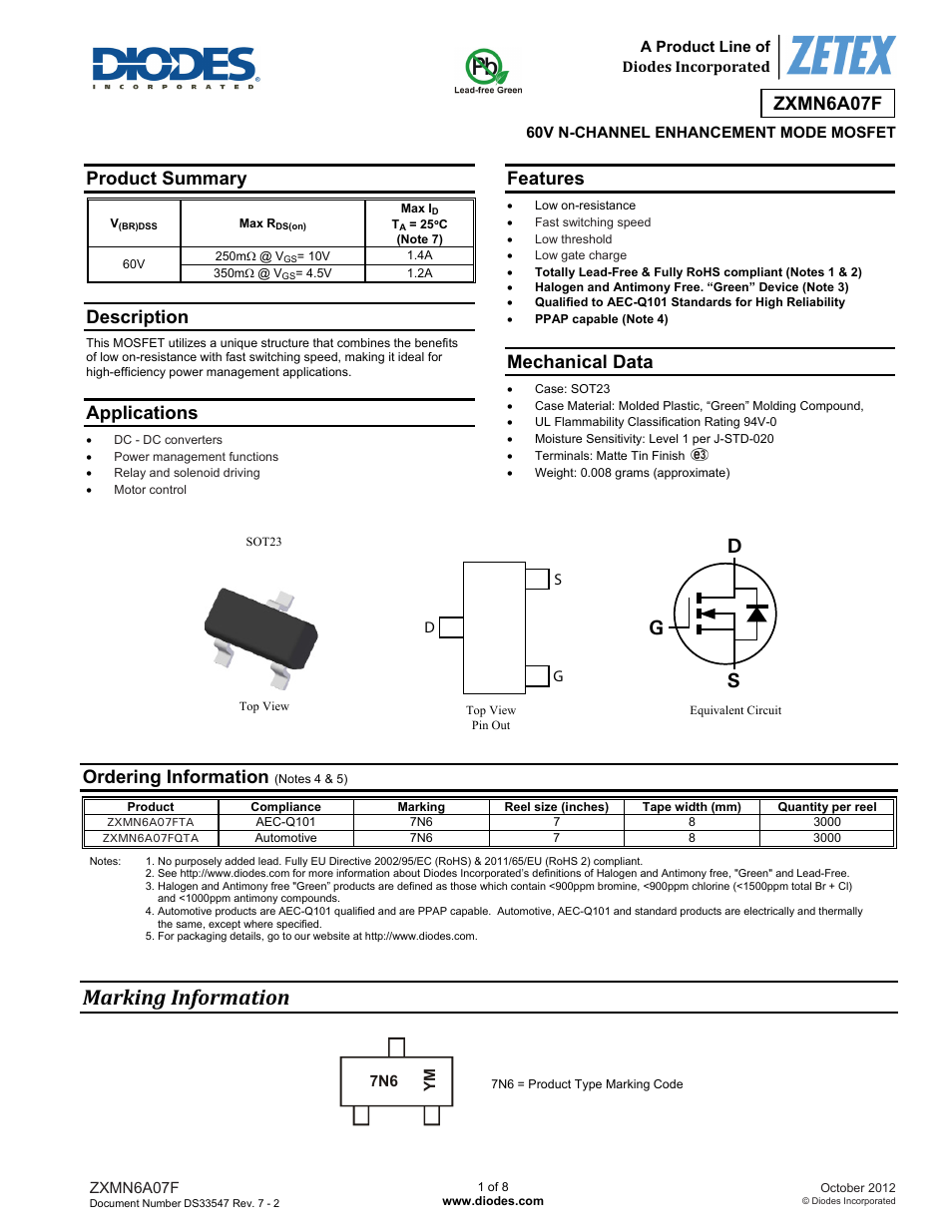 Diodes ZXMN6A07F User Manual | 8 pages