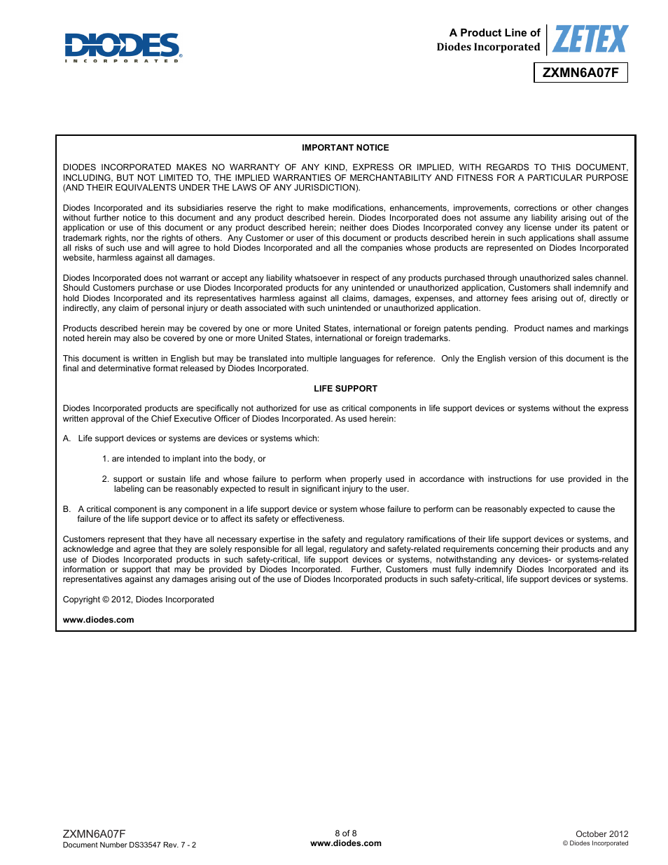 Zxmn6a07f | Diodes ZXMN6A07F User Manual | Page 8 / 8