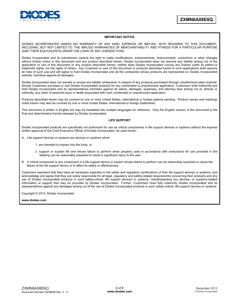 Diodes ZXMN6A08E6Q User Manual | Page 8 / 8