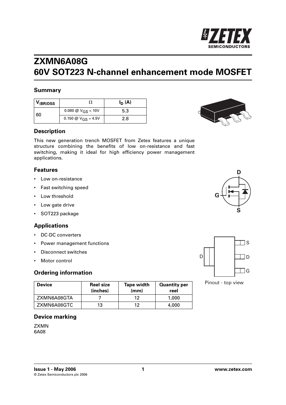 Diodes ZXMN6A08G User Manual | 8 pages