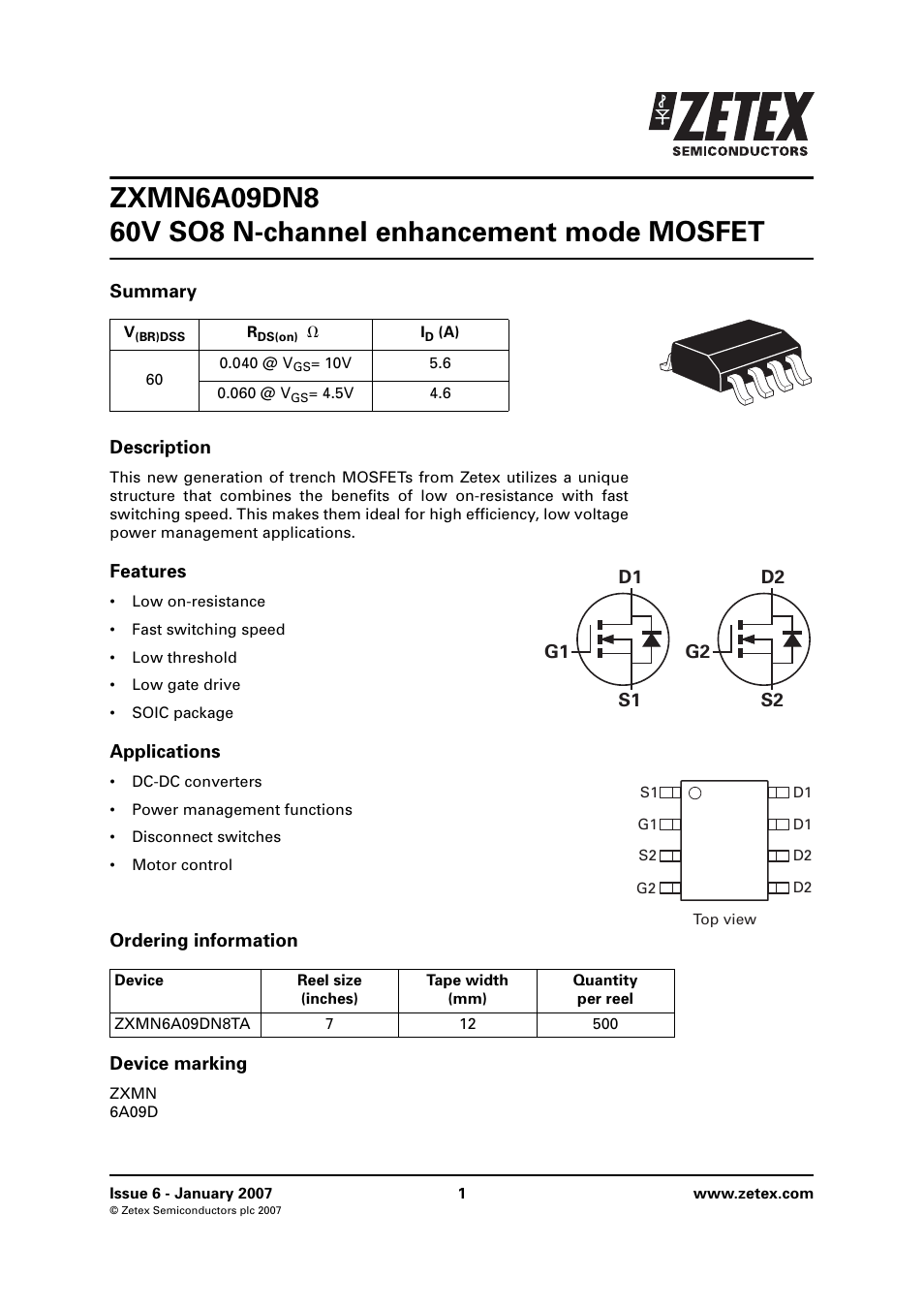 Diodes ZXMN6A09DN8 User Manual | 8 pages