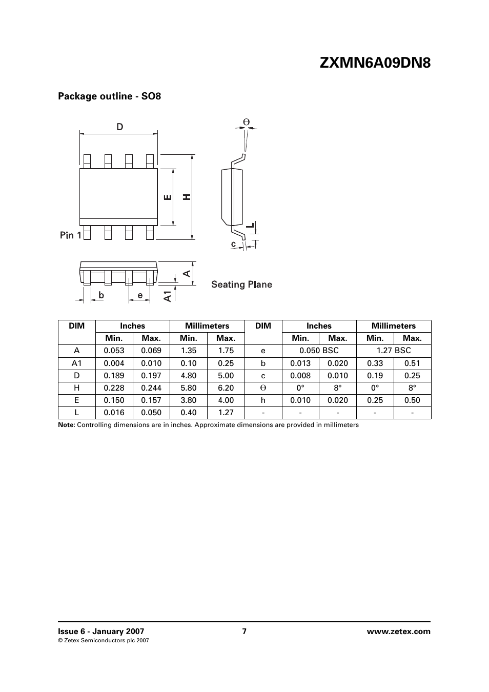 Package outline - so8, Zxmn6a09dn8 | Diodes ZXMN6A09DN8 User Manual | Page 7 / 8