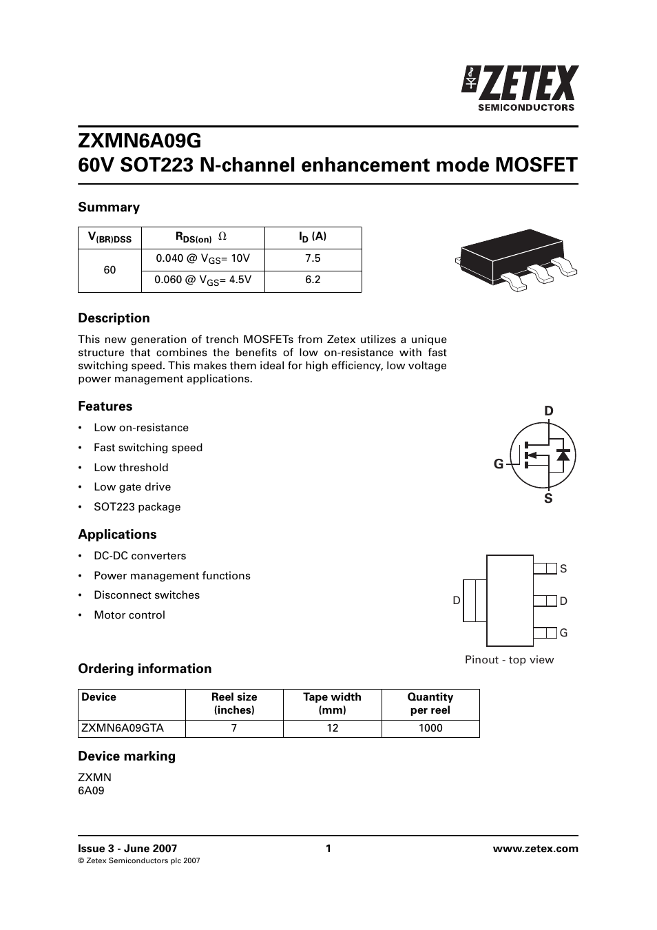 Diodes ZXMN6A09G User Manual | 8 pages