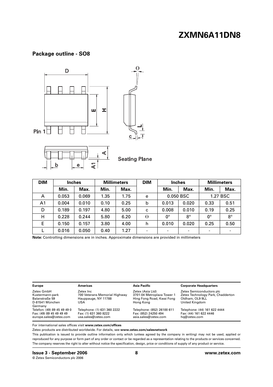 Zxmn6a11dn8, Package outline - so8 | Diodes ZXMN6A11DN8 User Manual | Page 8 / 8