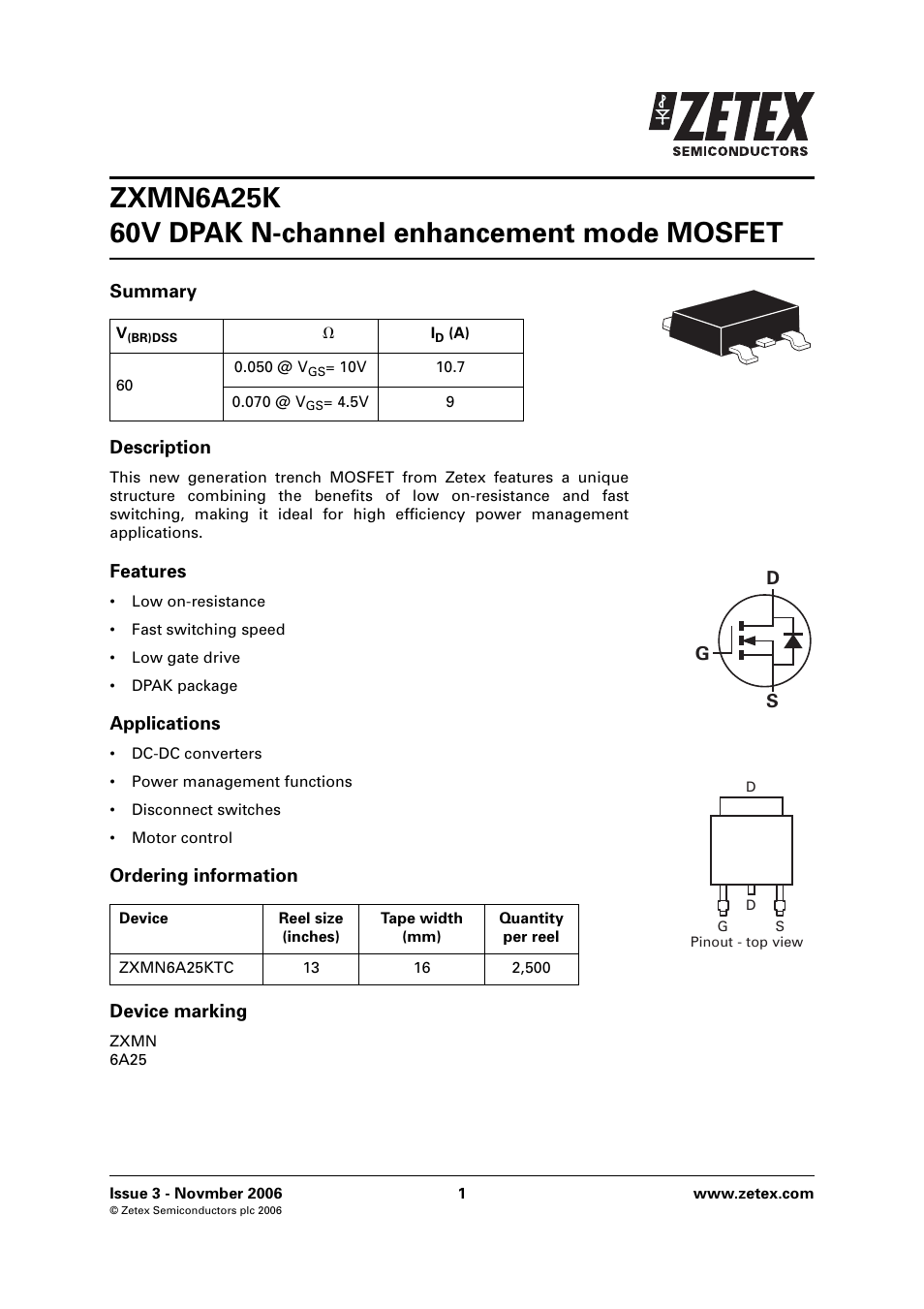 Diodes ZXMN6A25K User Manual | 8 pages