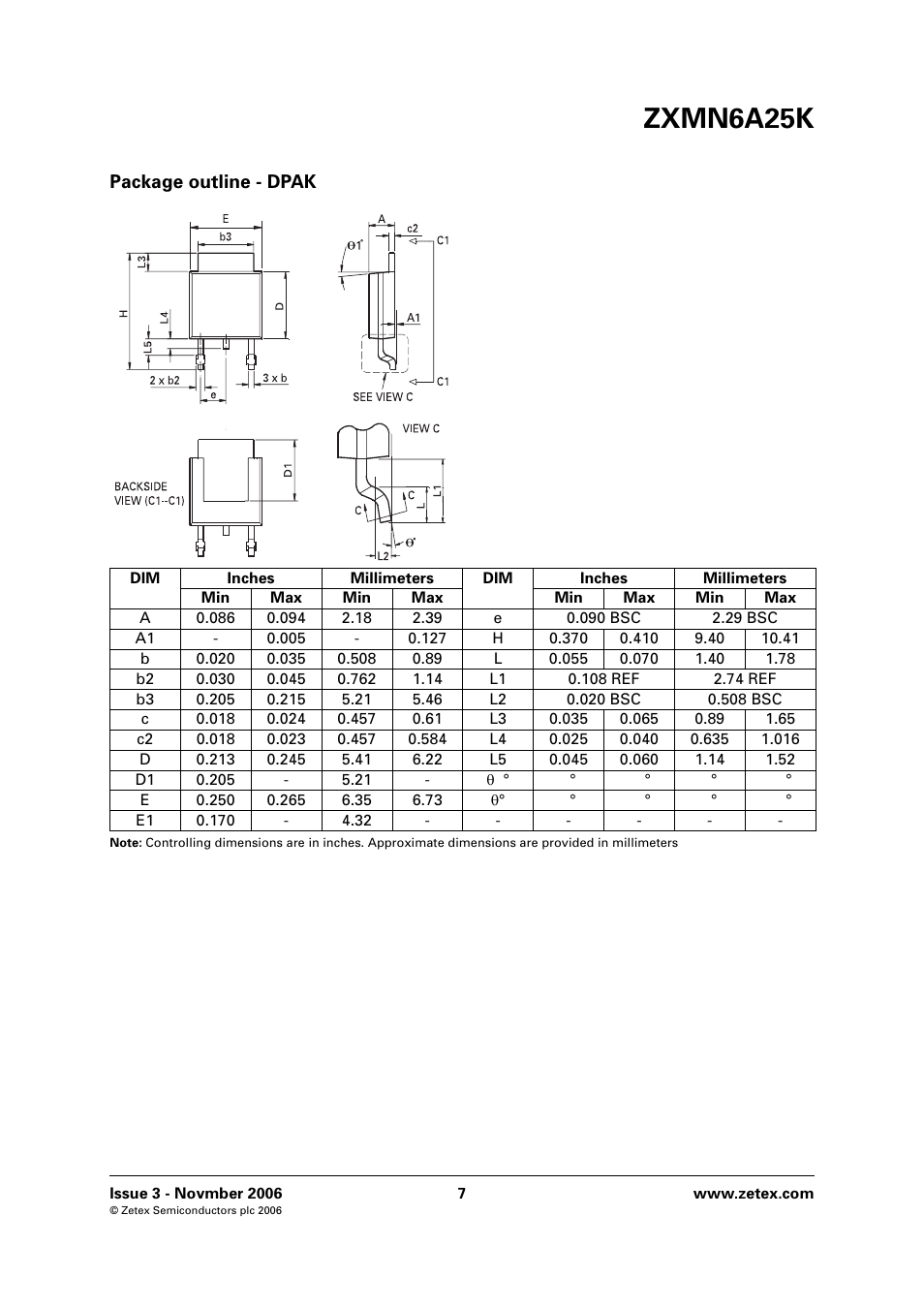 Zxmn6a25k, Package outline - dpak | Diodes ZXMN6A25K User Manual | Page 7 / 8