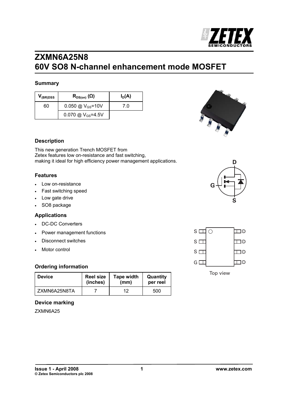 Diodes ZXMN6A25N8 User Manual | 8 pages