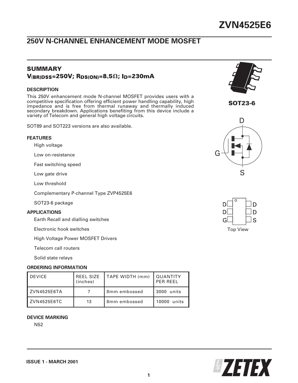 Diodes ZVN4525E6 User Manual | 8 pages