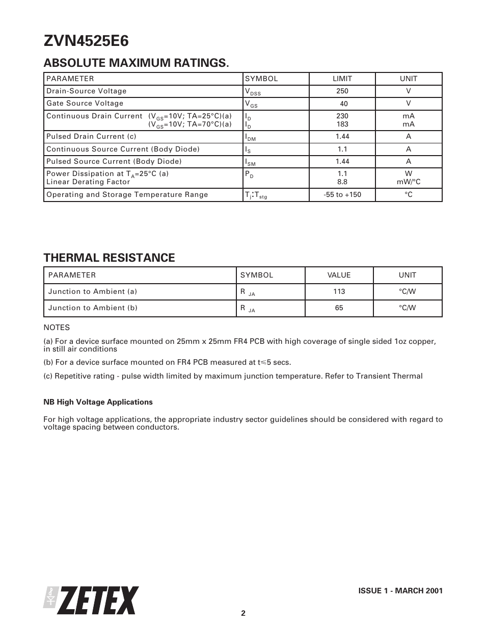 Absolute maximum ratings, Thermal resistance | Diodes ZVN4525E6 User Manual | Page 2 / 8