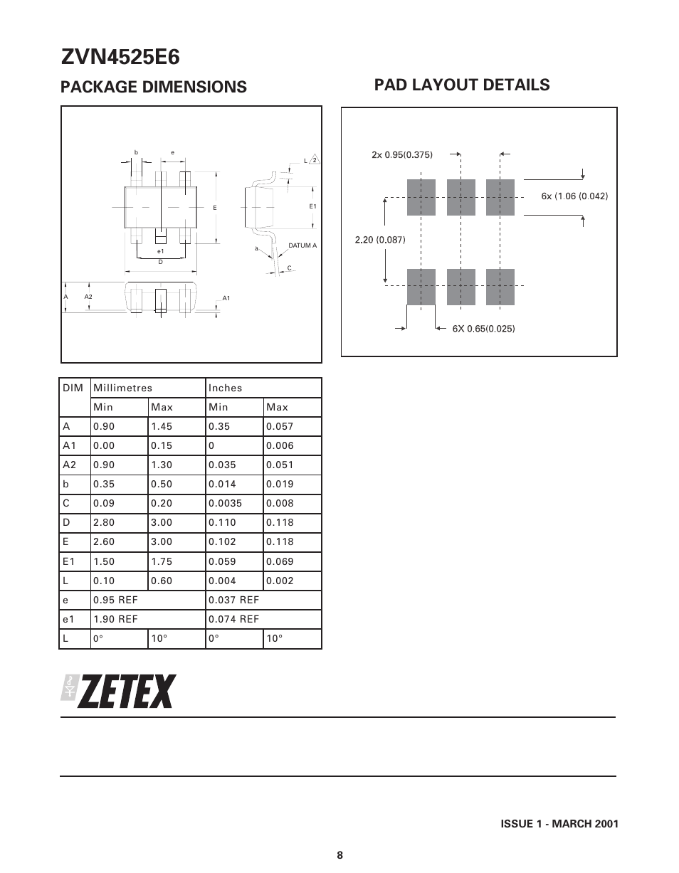 Package dimensions, Pad layout details | Diodes ZVN4525E6 User Manual | Page 8 / 8