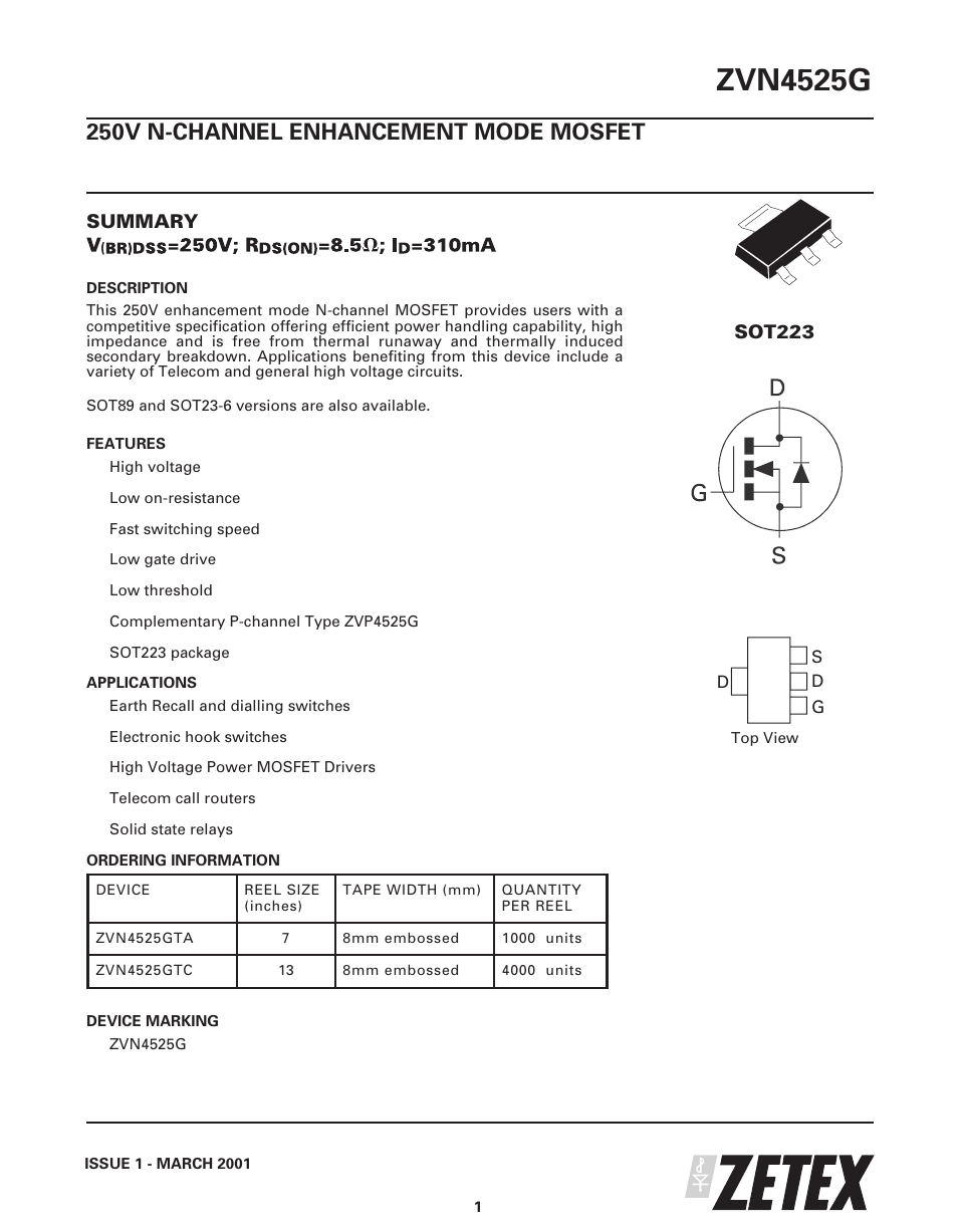 Diodes ZVN4525G User Manual | 8 pages
