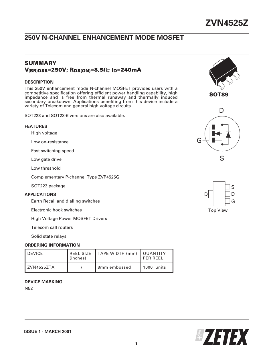 Diodes ZVN4525Z User Manual | 8 pages