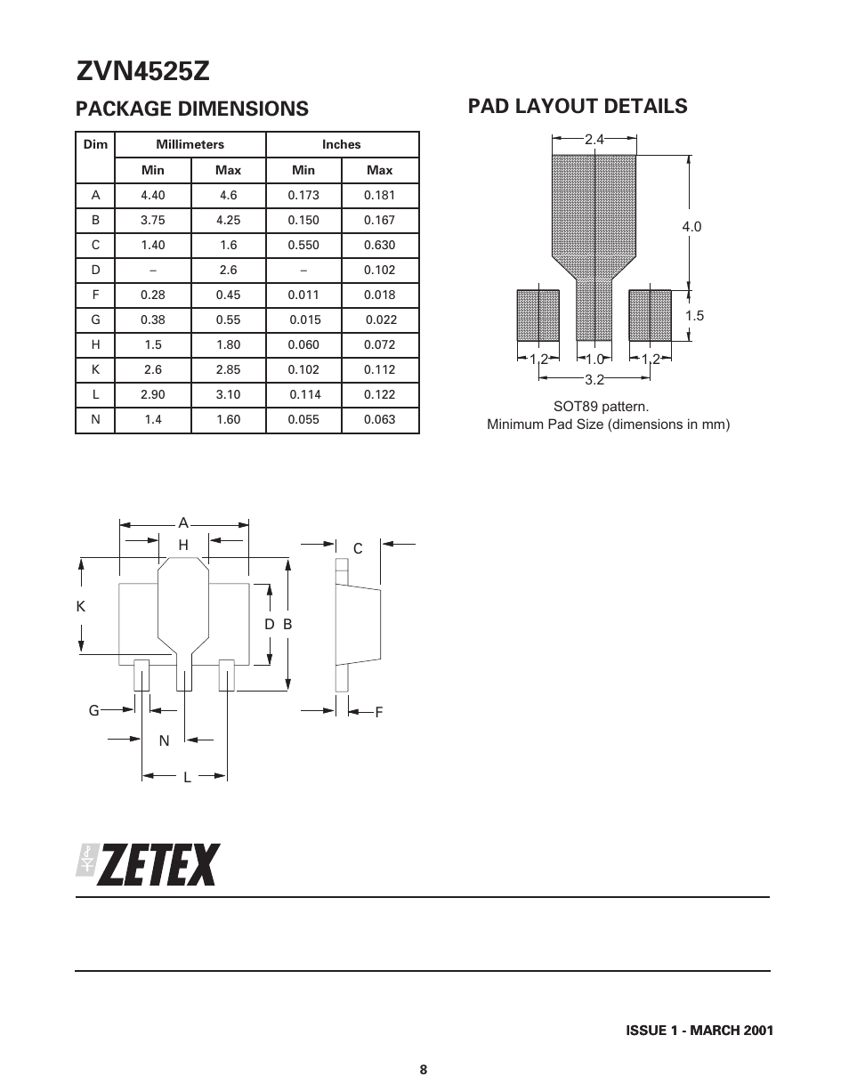 Zvn4525z, Package dimensions pad layout details | Diodes ZVN4525Z User Manual | Page 8 / 8